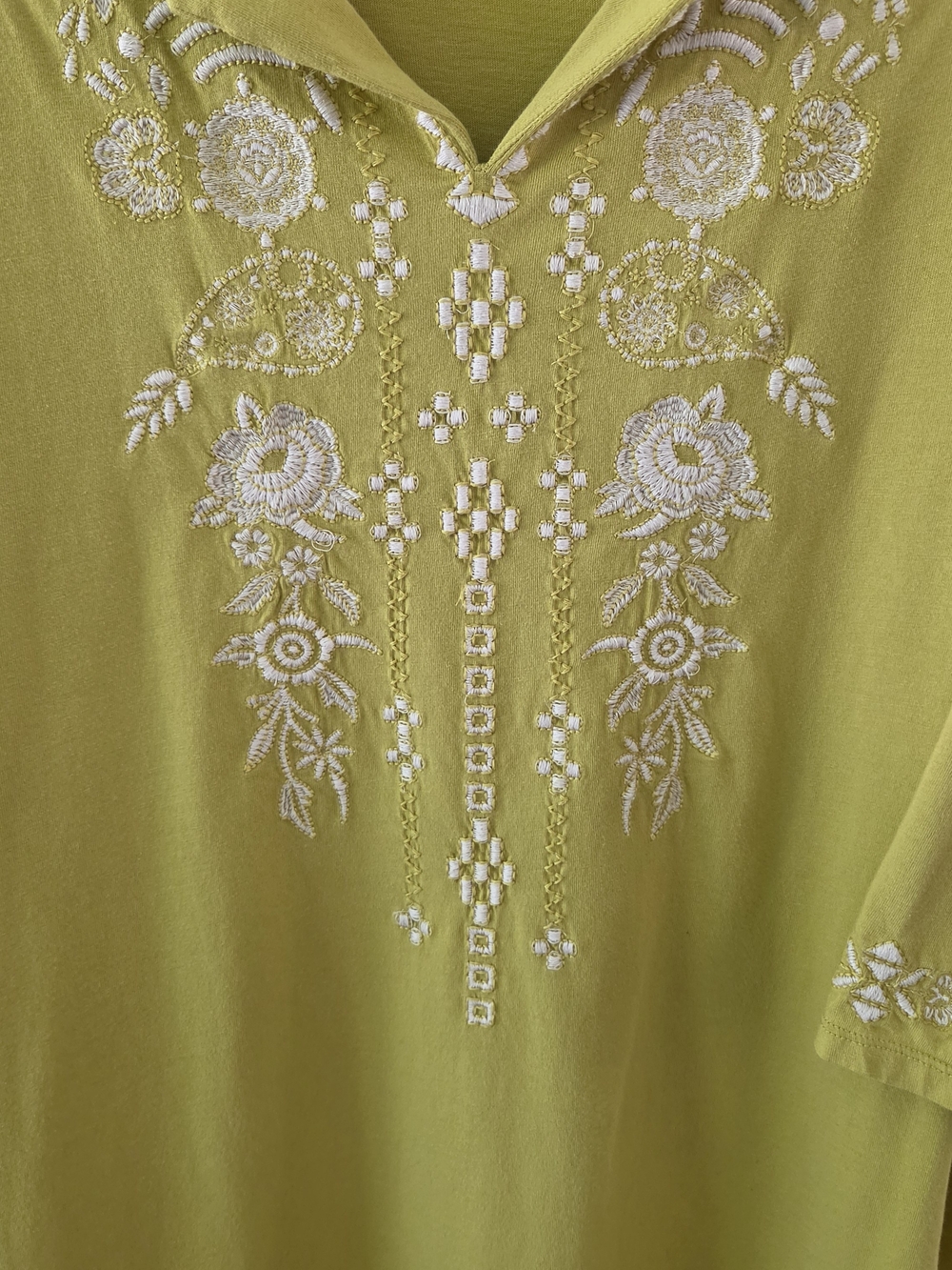 J. Jill Chartreuse Green Embroidered Tunic Top Blouse Size XL Boho Linen Knit - Picture 2 of 4